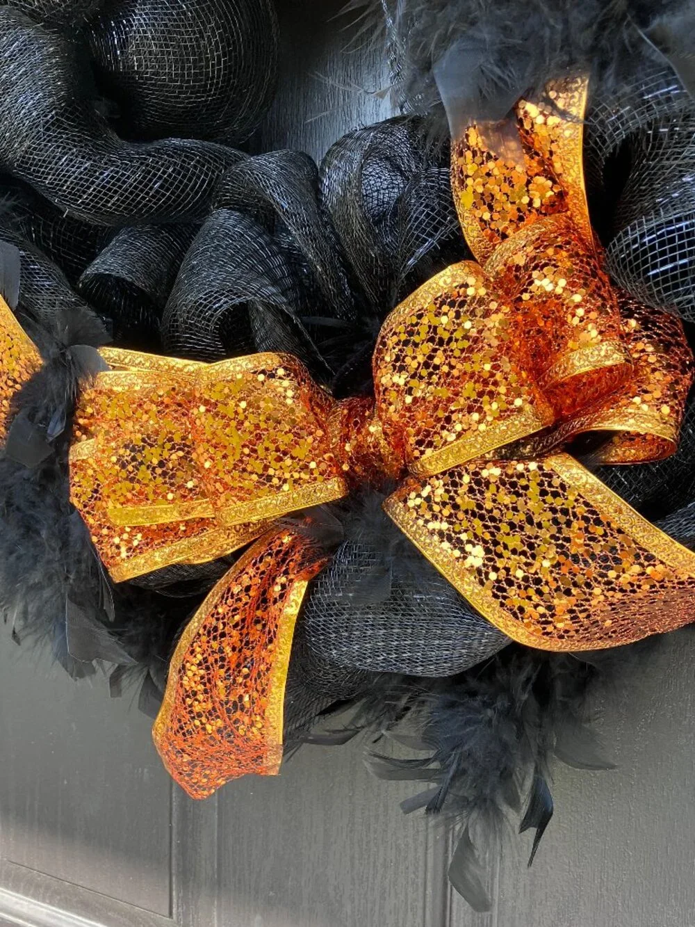 Halloween Feather Deco Mesh Wreath Black Orange Glitter Ribbon Large Big